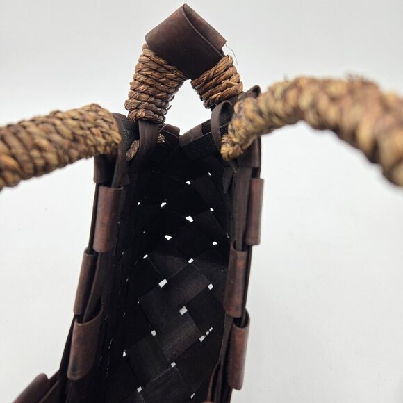 Dark Brown Wood Basket Weave Handbag Womens Medium Handles Coastal Cottagecore - Picture 13 of 14